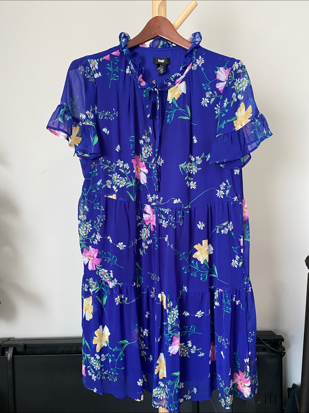 DKNY Royal Blue Floral Ruffle Tiered Dress